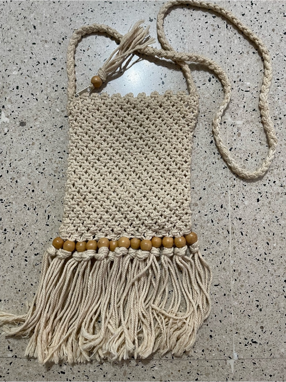 Handcrafted Cream Macramé Fringe Crossbody Bag